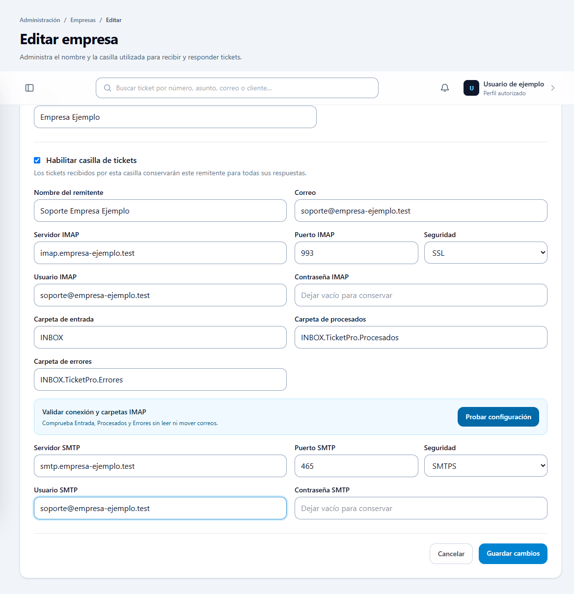 Configuración anonimizada de una casilla de correo por Empresa en NexSupport