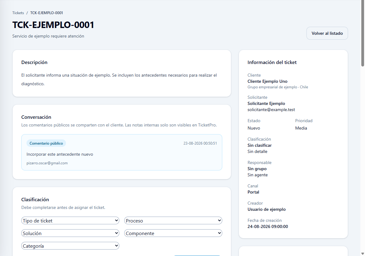 Detalle anonimizado de un ticket en NexSupport